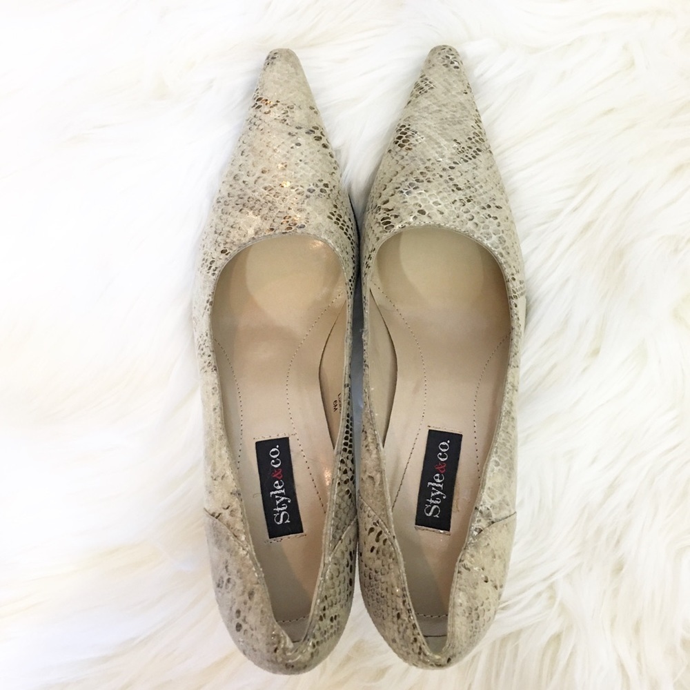 Genuine Leather Gold Fleck Tan Snake Print High Heels Pumps 6M - Picture 3 of 6